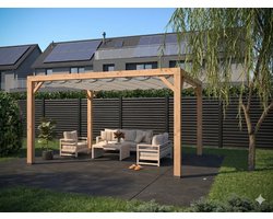 Douglas houten pergola inclusief een Harmonica schaduw doek in de kleur Sahara Sand kopmaat 12 x 12 cm