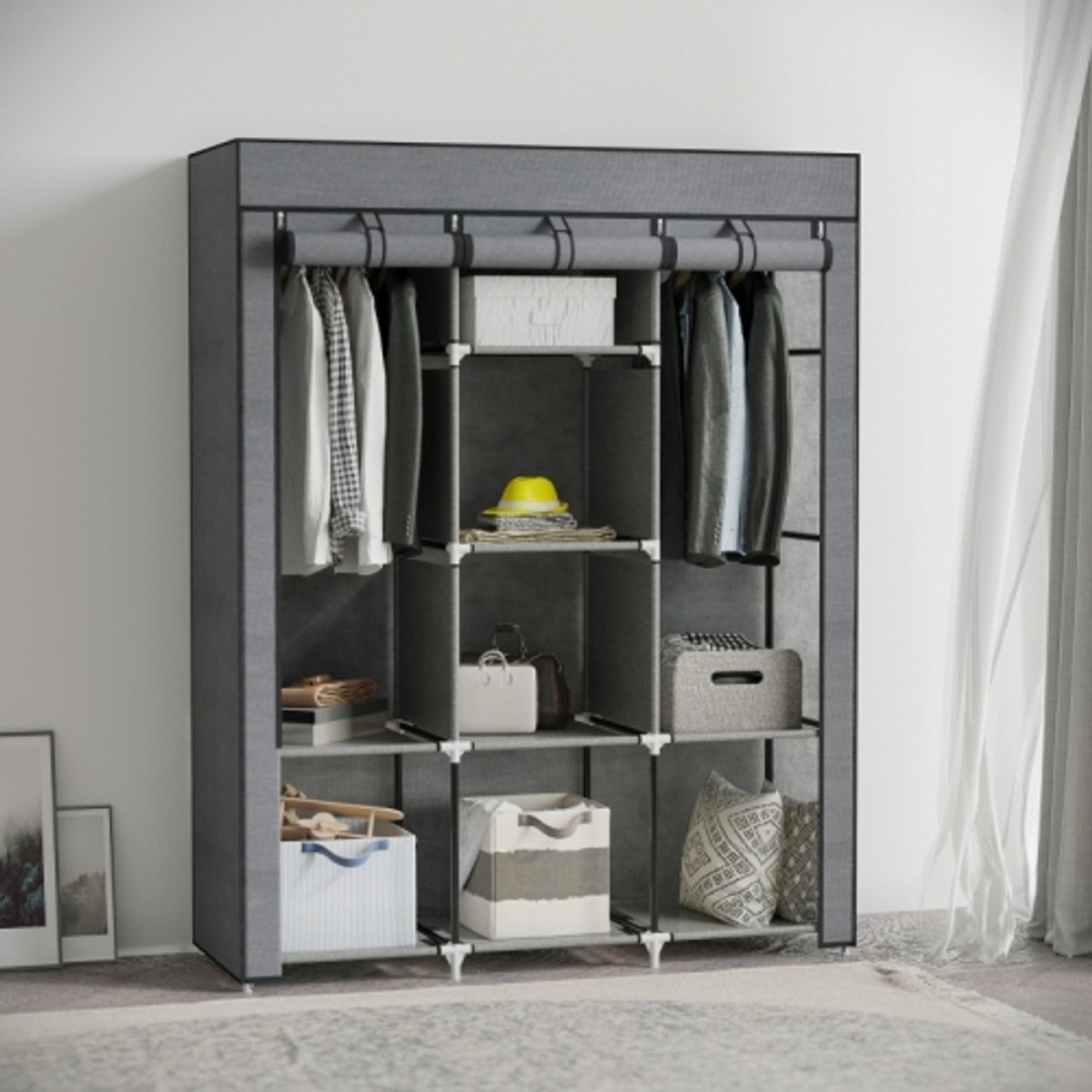 Zubaliya Stoff-Kledingkast-8-Lagen-125x43x162.5cm-Dark-Grey-Faltschrank-Met-2-Kledingroedes-Ruimtebesparende-Garderobekast-Slaapkamer-Hal Donkergrijs