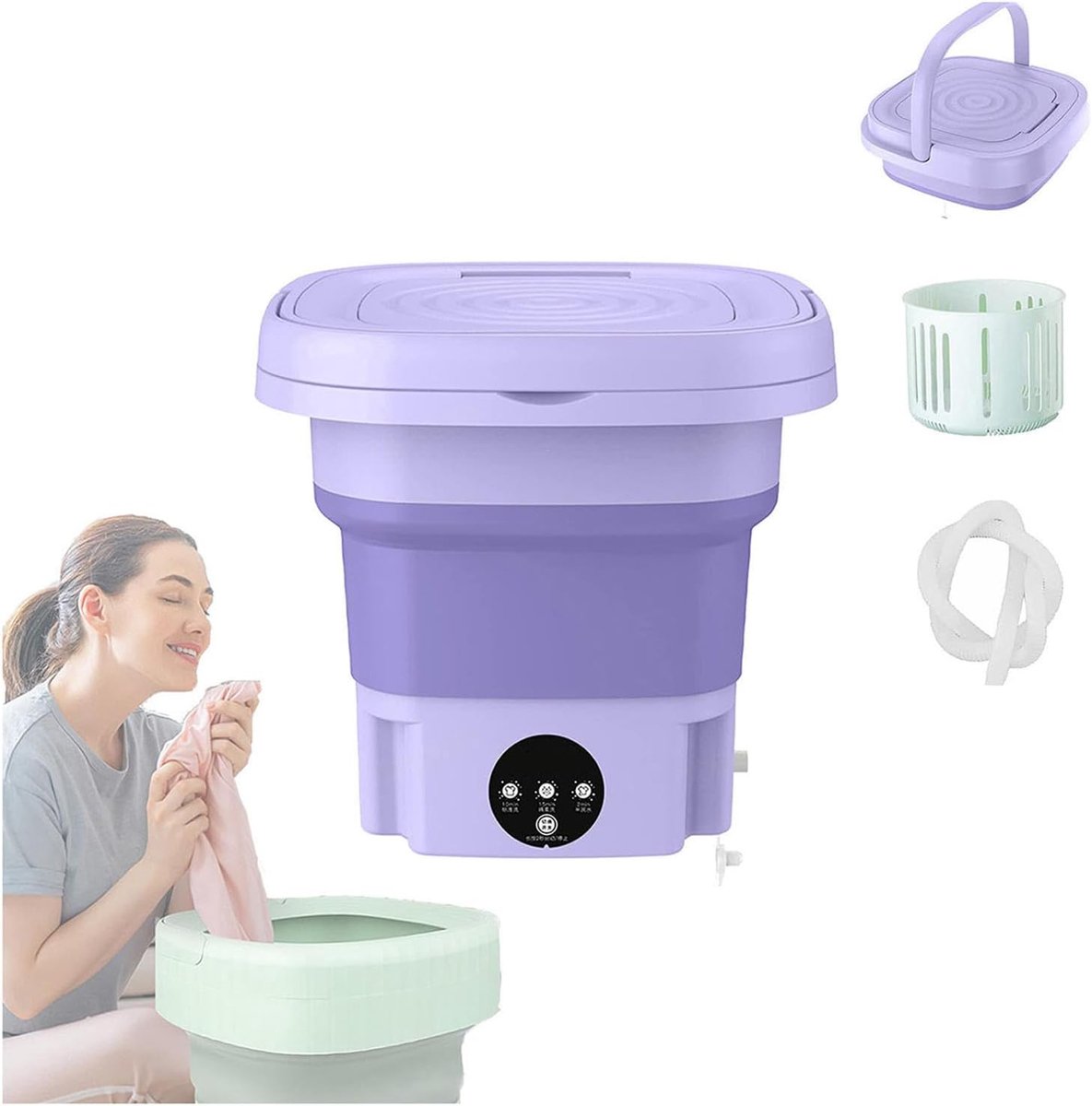 Draagbare Wasmachine Mini Wasmachine Opvouwbaar Kleding Reinigen Met Blauw Licht 8L Capaciteit Paars