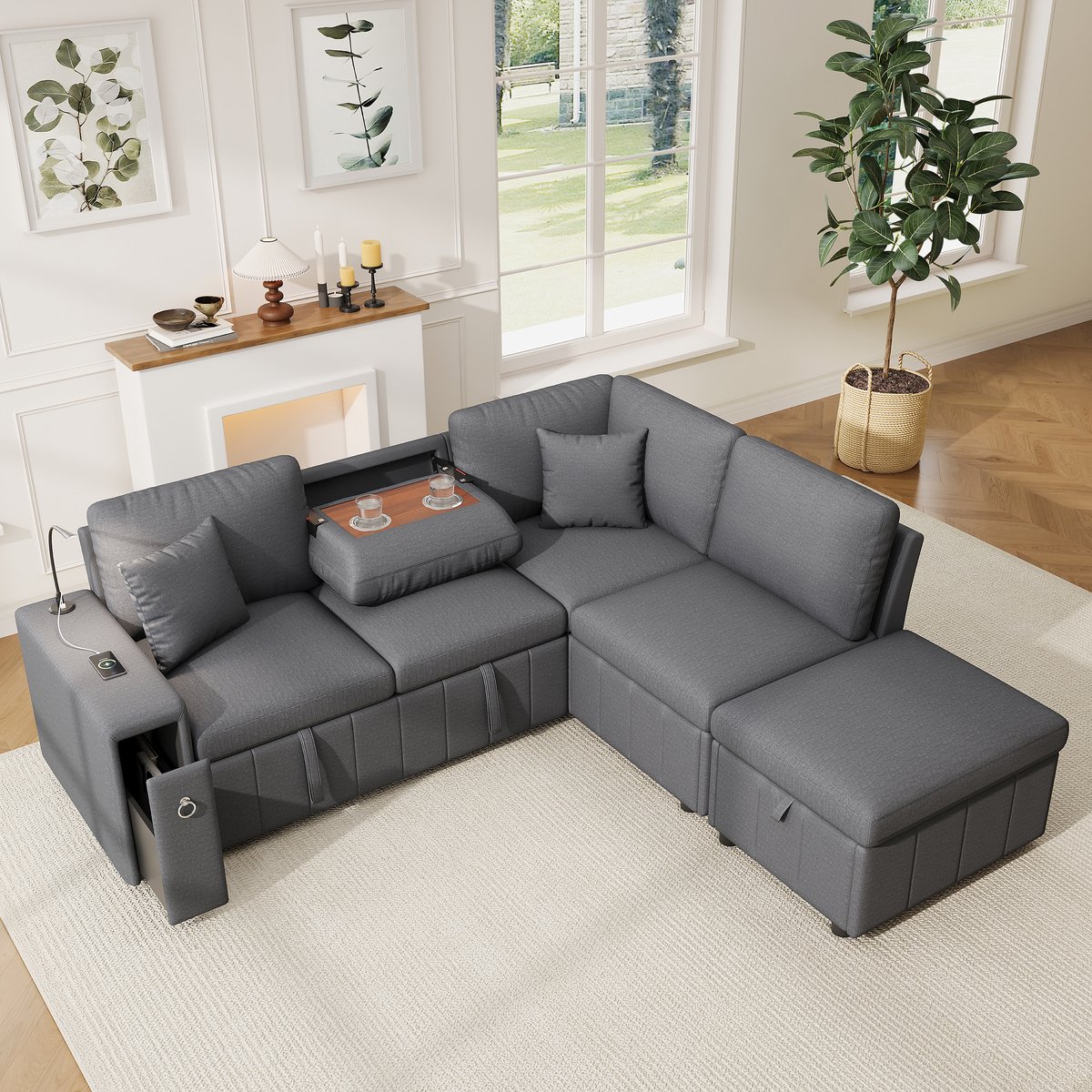 DESMIU Hoekbank 213 x 184 x 88 cm - Met Slaapfunctie, Opberghocker, Klaptafel, USB En Type-C - Voor Woonkamer En Logeerkamer - Linnen Grijs