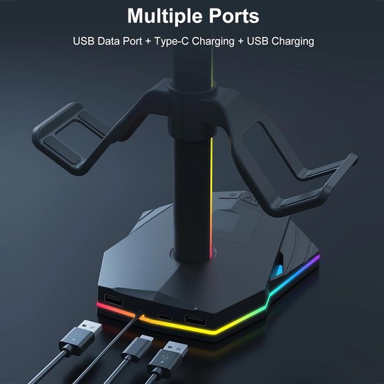 Hoofdtelefoonstandaard - Controllerhouder Bureau - Gaming Organisatie - Met RGB Verlichting - 4 Controller Plekken - Zwart — afbeelding 4