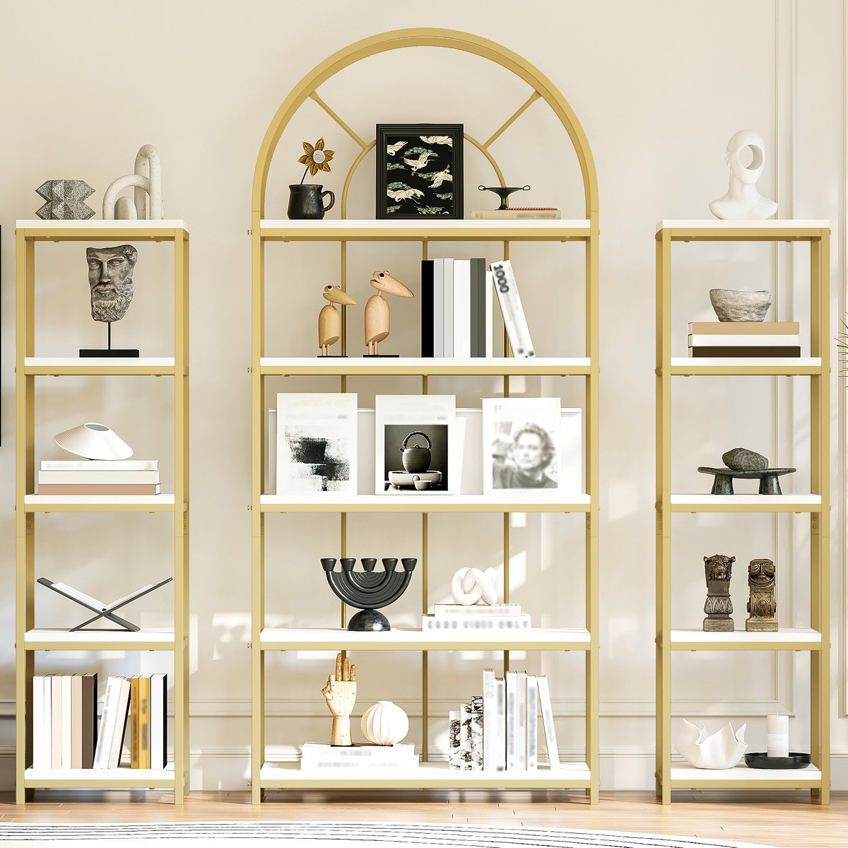 Boekenkast Met Opbergruimte - Open Kast Goud Wit MDF Staal 163x30x184 Cm N880 Modulair Design