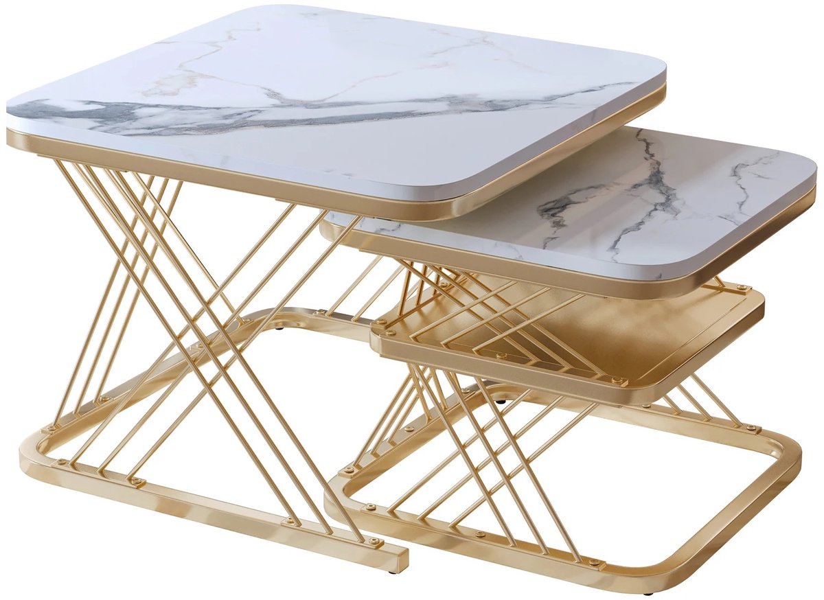 Archi Set van 2 Salontafels – Bijzettafel - Wit Marmerlook Tafelblad – Gouden Metalen Frame – Modern Luxe Design