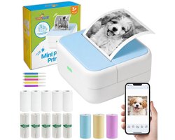 TinyPlay Mini Printer 300 DPI - Pocket Printer - 13 rollen papier in kleur, Sticker en wit - Mobiele fotoprinter - voor Smartphone - Thermische draagbare printer - Thermal miniprinter