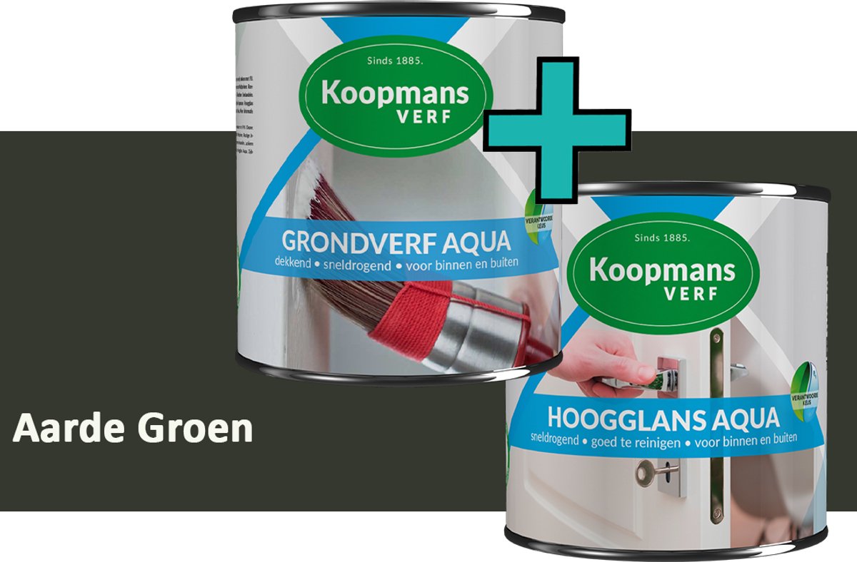 Koopmans Grondverf Aqua en Hoogglans Aqua Verfset - Binnen en Buiten - Aarde Groen - 2x 1,5 l