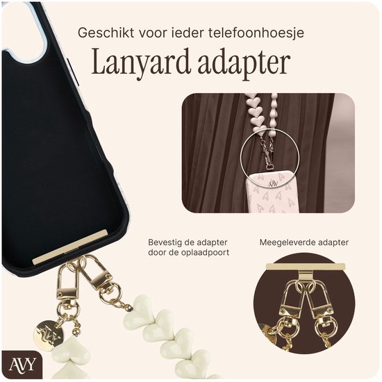 Telefoonhoesje met een afneembare polsband, versierd met beige hartjes en gouden details.