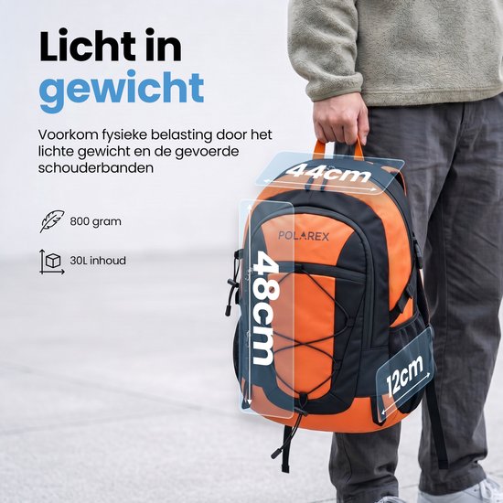 Oranje Polarex rugzak, 48cm hoog, 44cm breed, 12cm diep. Beschikt over een elastisch koordsysteem aan de voorkant en is 800 gram met 30L inhoud.