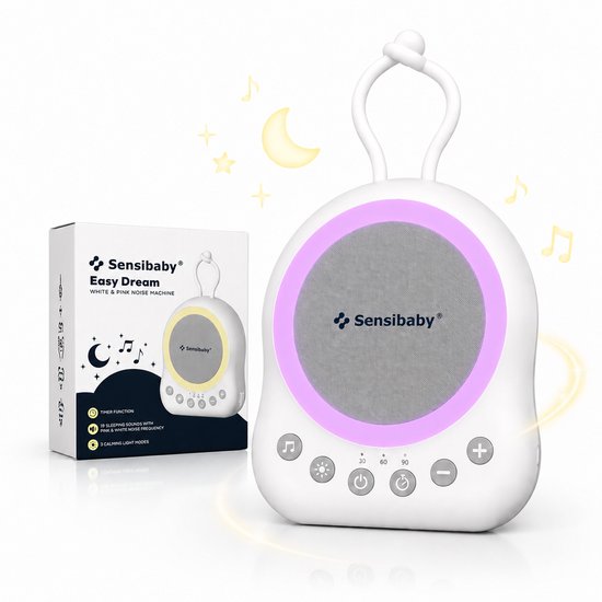 SensaBaby Easy Dream geluidsmachine met nachtlamp, doos en apparaat op tafel. Lampje is roze. Met timer en geluidsopties.