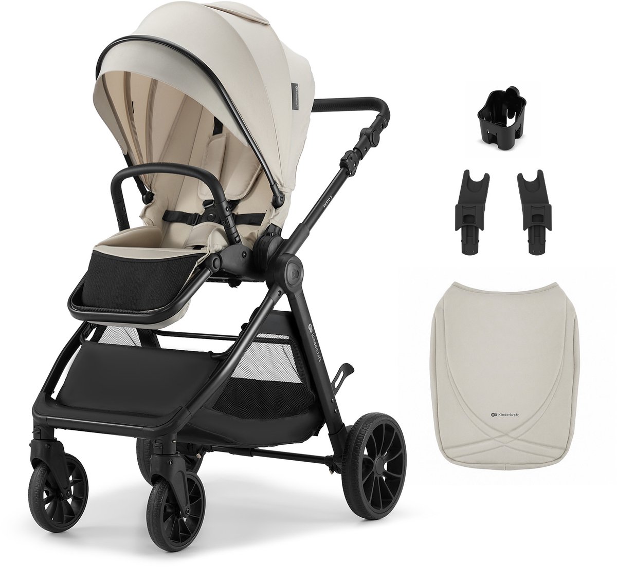 Kinderkraft VESTO 2 – Buggy tot 22 kg – Profielwielen 8/11 + vering – Self-standing na inklappen – Mommy bag + regenhoes – Beige