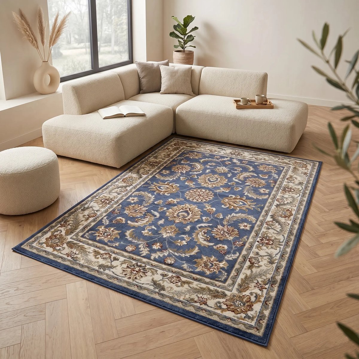 Flycarpets Klassiek Blauw / Creme Vloerkleed Reni - 120x170 cm - Oosters motief - Perzisch Tapijt Laagpolig - Woonkamer