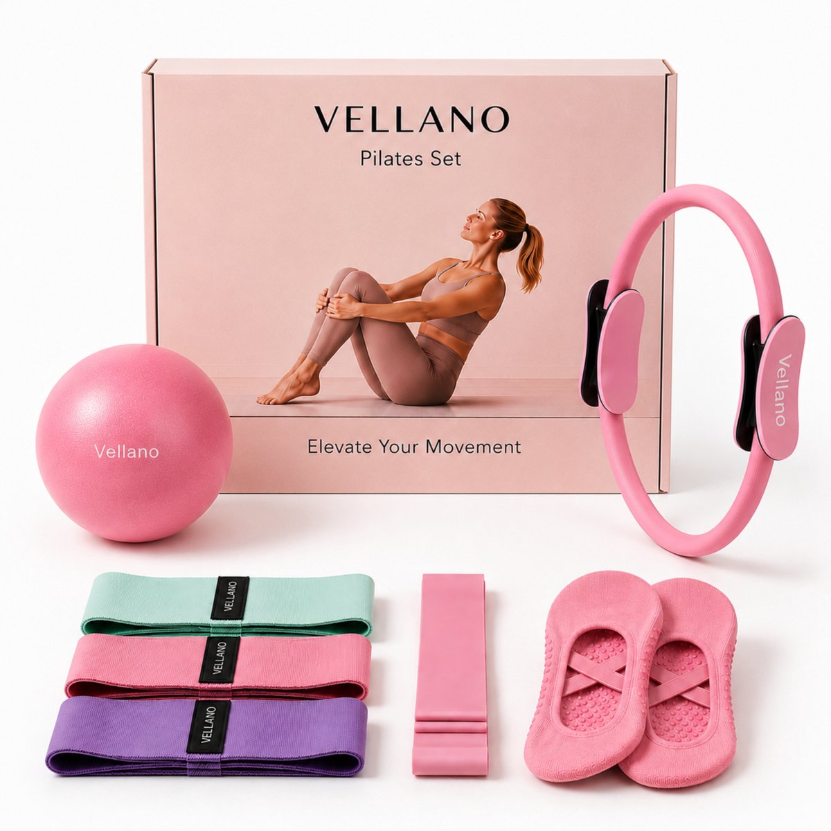 VELLANO® Pilates Set 8-delig – Inclusief Pilates Ring, Bal, Weerstandsbanden, Antislip Sokken – Complete Full Body Workout voor Thuis