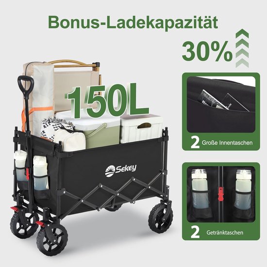 Opvouwbare Bolderkar XXL met Dak en Zonnescherm - 150L Inhoud - Draagvermogen 150 kg - Inklapbare Kinder Handkar voor Strand, Camping en Uitjes - Zwart van Opvouwbare Bolderkar — afbeelding 2