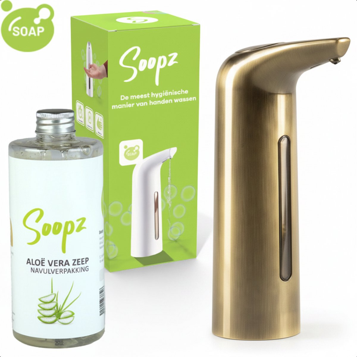 Soopz Automatische Zeepdispenser – Goud – Gold Brushed Elegance – Zeeppompje met Bewegingssensor – Met Aloë Vera Zeep