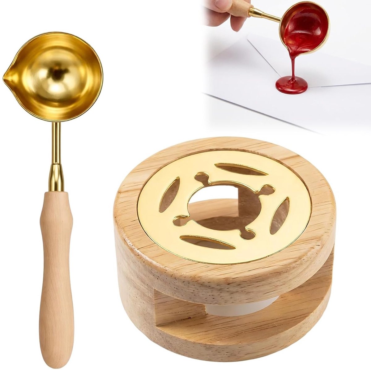 Waszegelwarmer in goud, beukenhoutkachel voor het verzegelen van enveloppen en uitnodigingen, perfect voor bruiloften en geschenkverpakkingen, 2 stuks