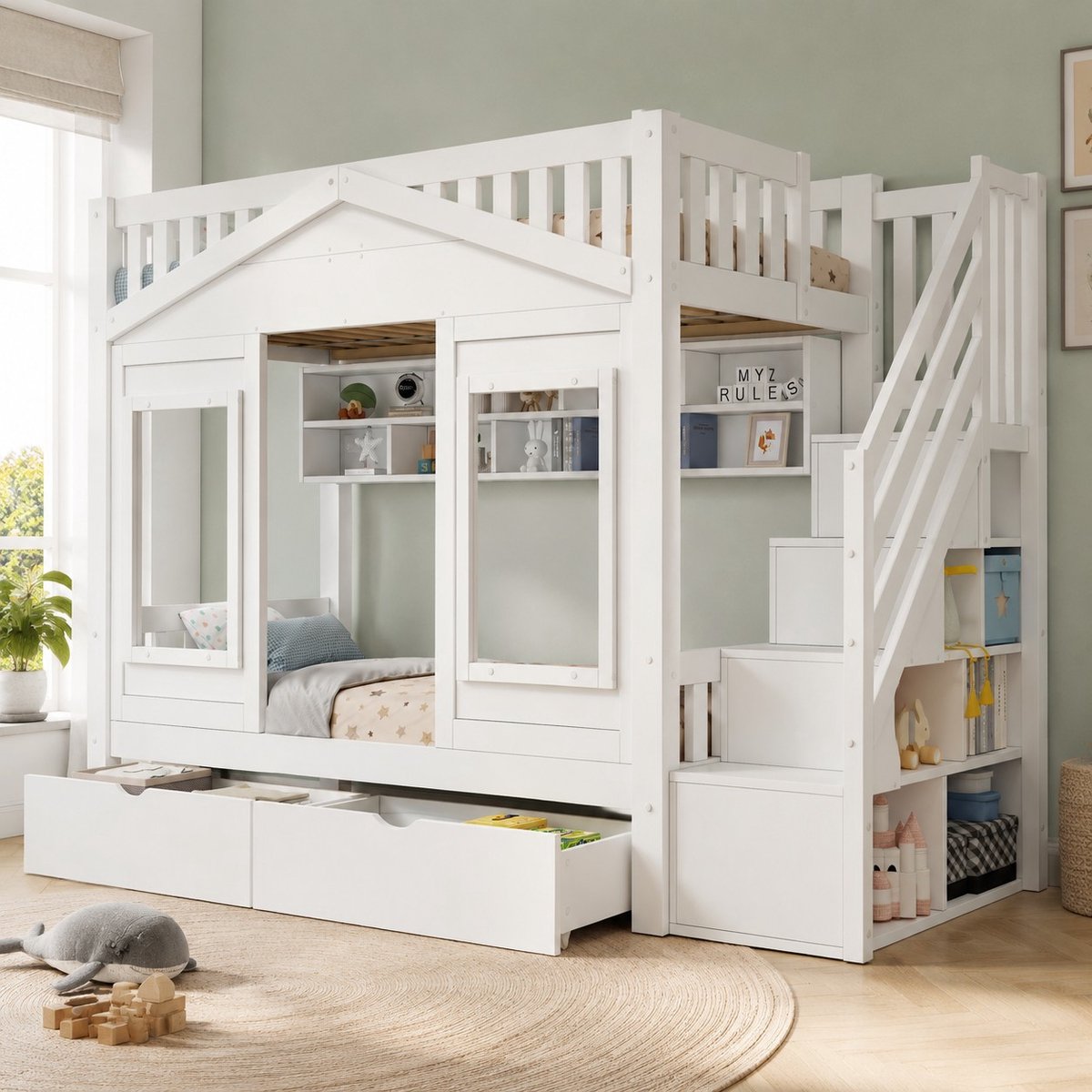 PHOEBE CAT Stapelbed - 90 x 200 cm - Kinderbed - Met valbeveiliging - Opbergrek - 2 lades - Huisvorm - Wit