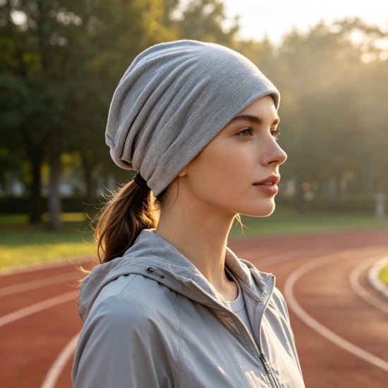 Model met een grijze katoenen beanie en sportjack, staand op een atletiekbaan.