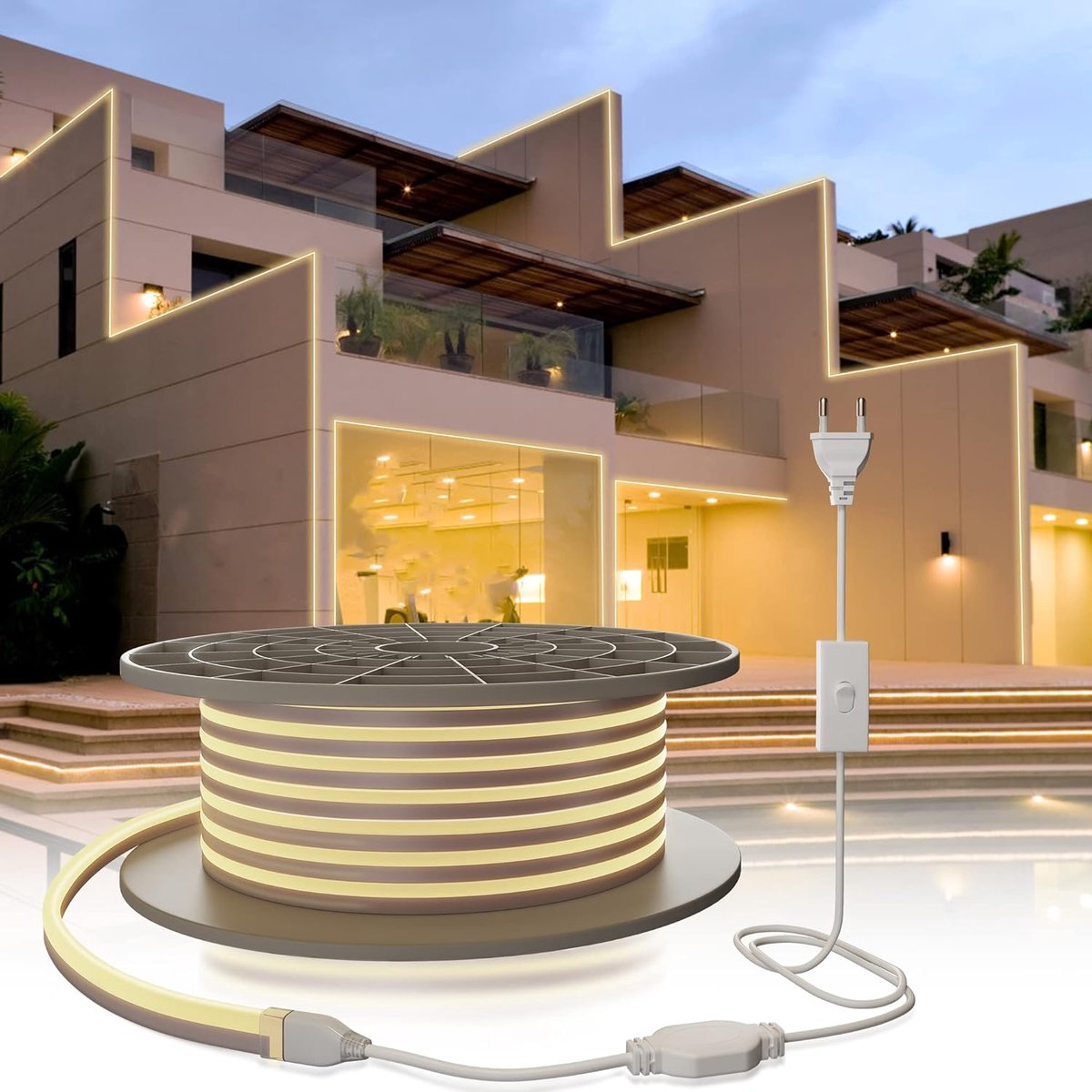 SnelShoppen - 10M LED Strip Neon Waterproof IP65 220V 4000K Neutral White Flexibele Buitenverlichting voor Tuin, Balkon, Slaapkamer, Camping