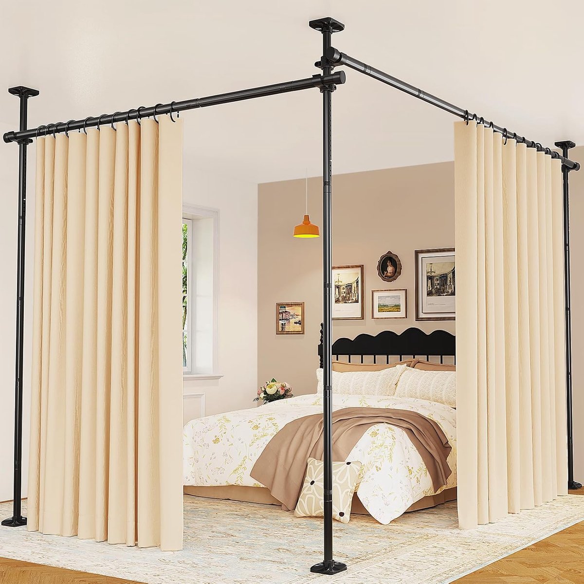 SnelShoppen - Room Divider zonder boren, Vrijstaande Gordijnroede, Hoogte 122-305cm, Breedte 70-177cm, Verstelbaar, Stabiele RVS Scheidingswand Zwart