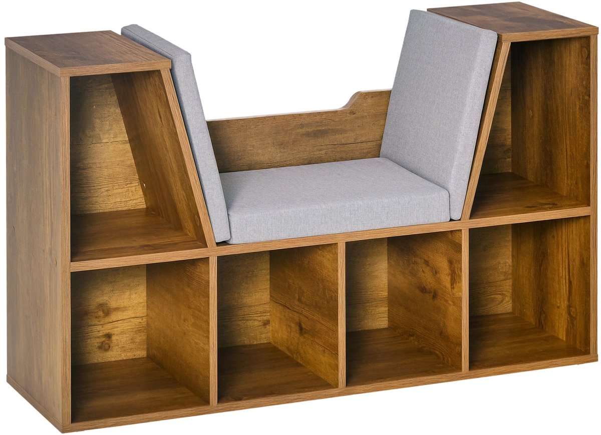 Sello! boekenkast met bankje en opbergvakken – afneembare kussens – onderhoudsvriendelijk – L102 × B30 × H61 cm – rustiek bruin