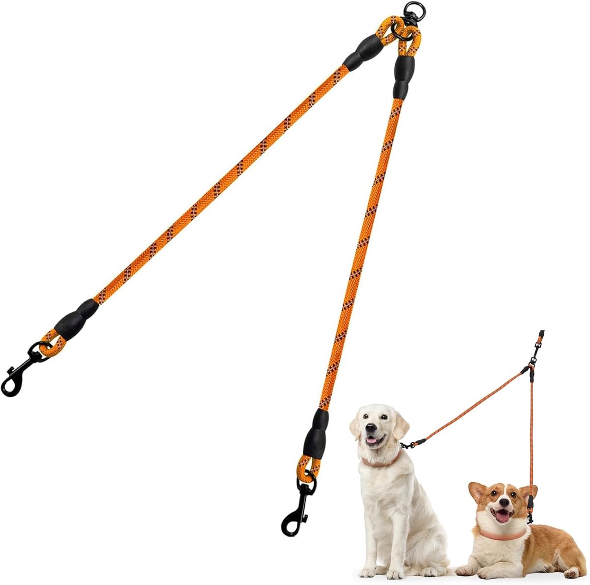 SnelShoppen - Dubbele Hondenriem Splitter voor 2 Honden, Tangle-Free, 76 cm Reflecterend Touw, Geschikt voor Puppy en Kleine en Middelgrote Honden, Or
