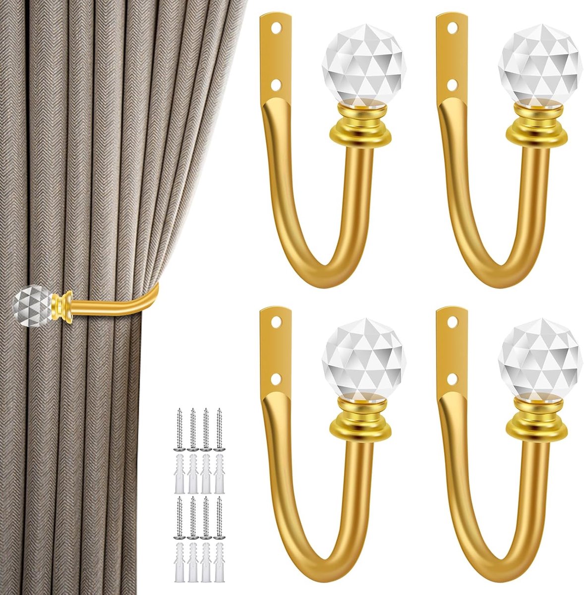 SnelShoppen - 4 Pcs Gordijnhouders met Decoratieve Acryl Kristallen Bal, U Vormige Rookhouders, Metalen Gordijnsteunen voor Woonkamer, Thuis, Decorati