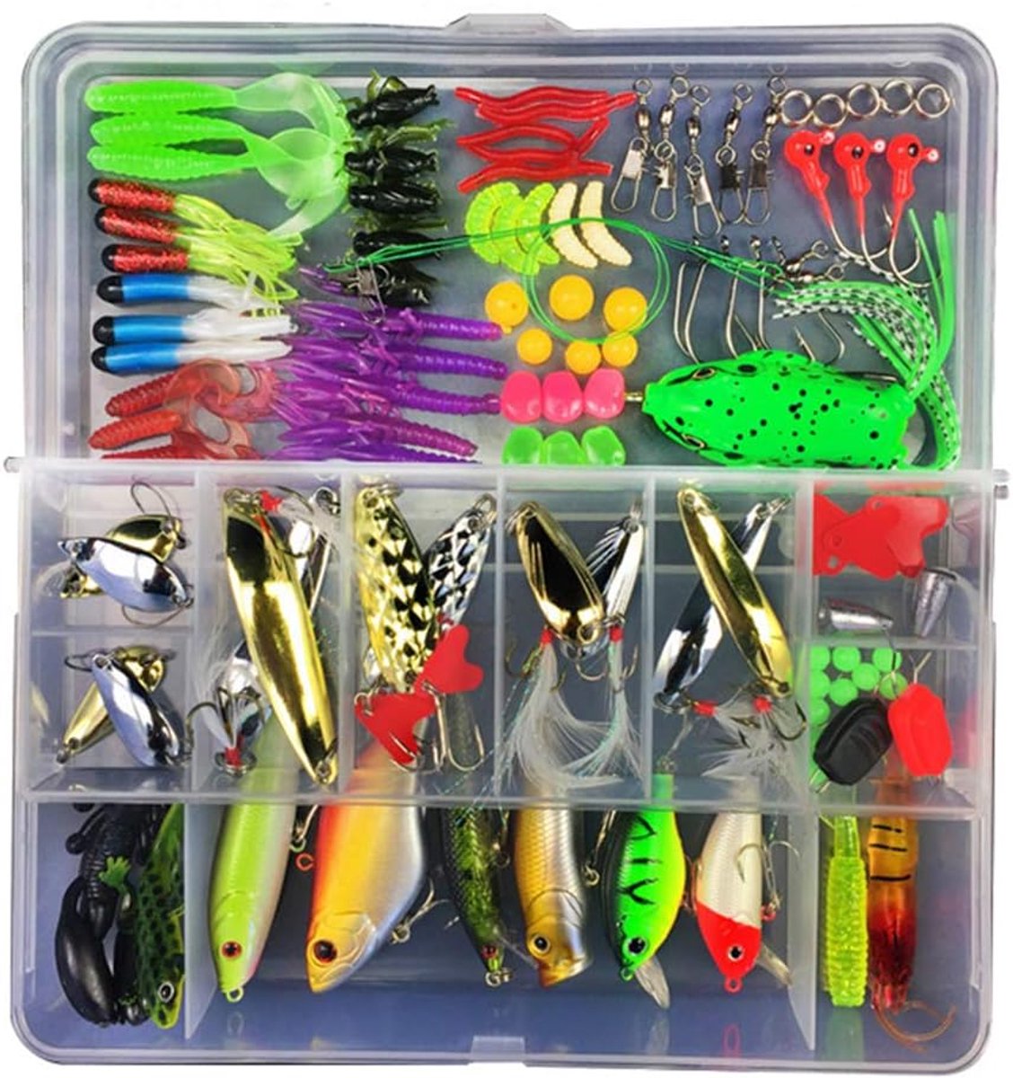 SnelShoppen - 102-delige Rubber Vissen Lure Set met Visaccessoires, Hengels, Haken, Wormen, Paddestoelen, Snoek Aas, TackIE Box voor Vrijetijdsvissen