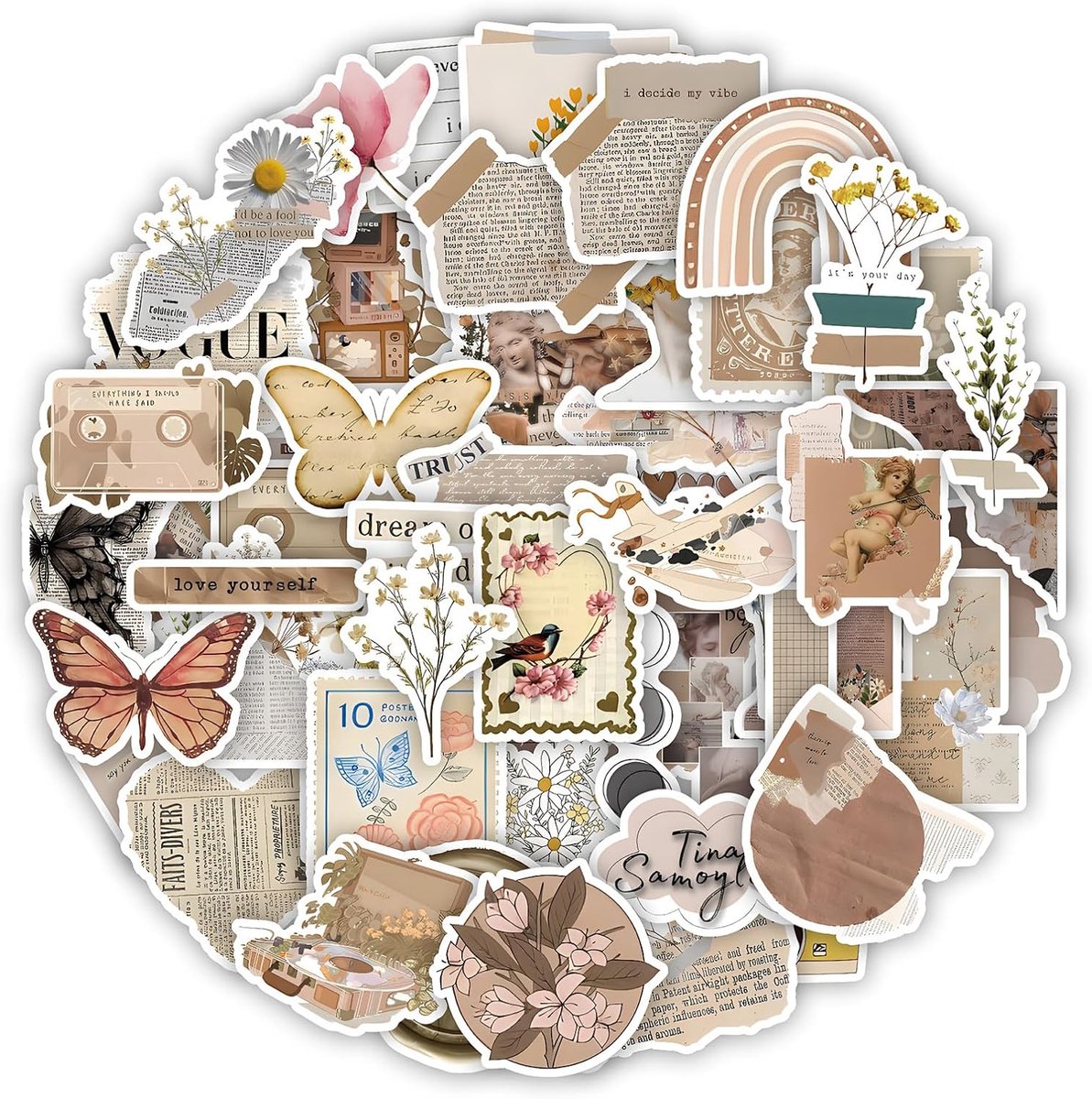 SnelShoppen - 60 Stuks Vintage Stickers - Esthetische Retro Decoratie voor Scrapbook, Agenda, Koffer, Album, Dagboek - Waterdicht en Duurzaam