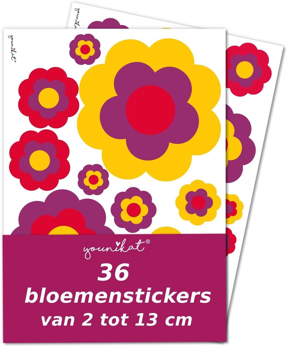 SnelShoppen - Retro Flower Stickers Set - 36 Weerbestendige Bloemen Stickers 2-13 cm Ø in Rood-Geel-Paars voor Auto, Fiets, Koffer, Helm - Perfect voo