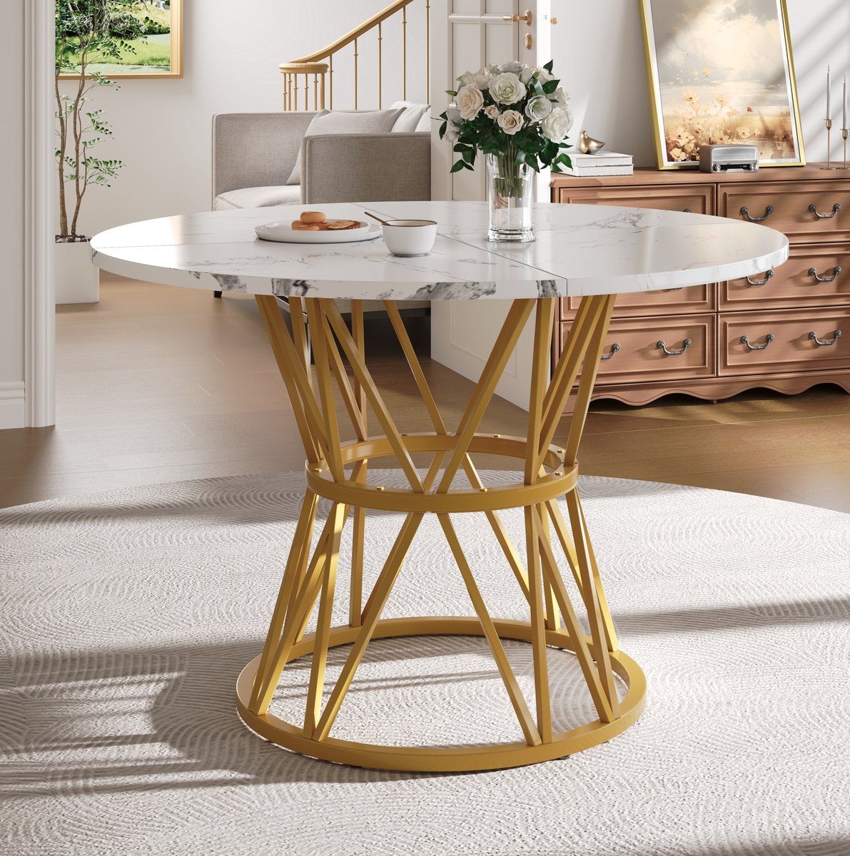 COVREO Eettafel 100x100x76 cm – goud, MDF marmerlook fineer tafelblad, metalen frame voor 4 personen