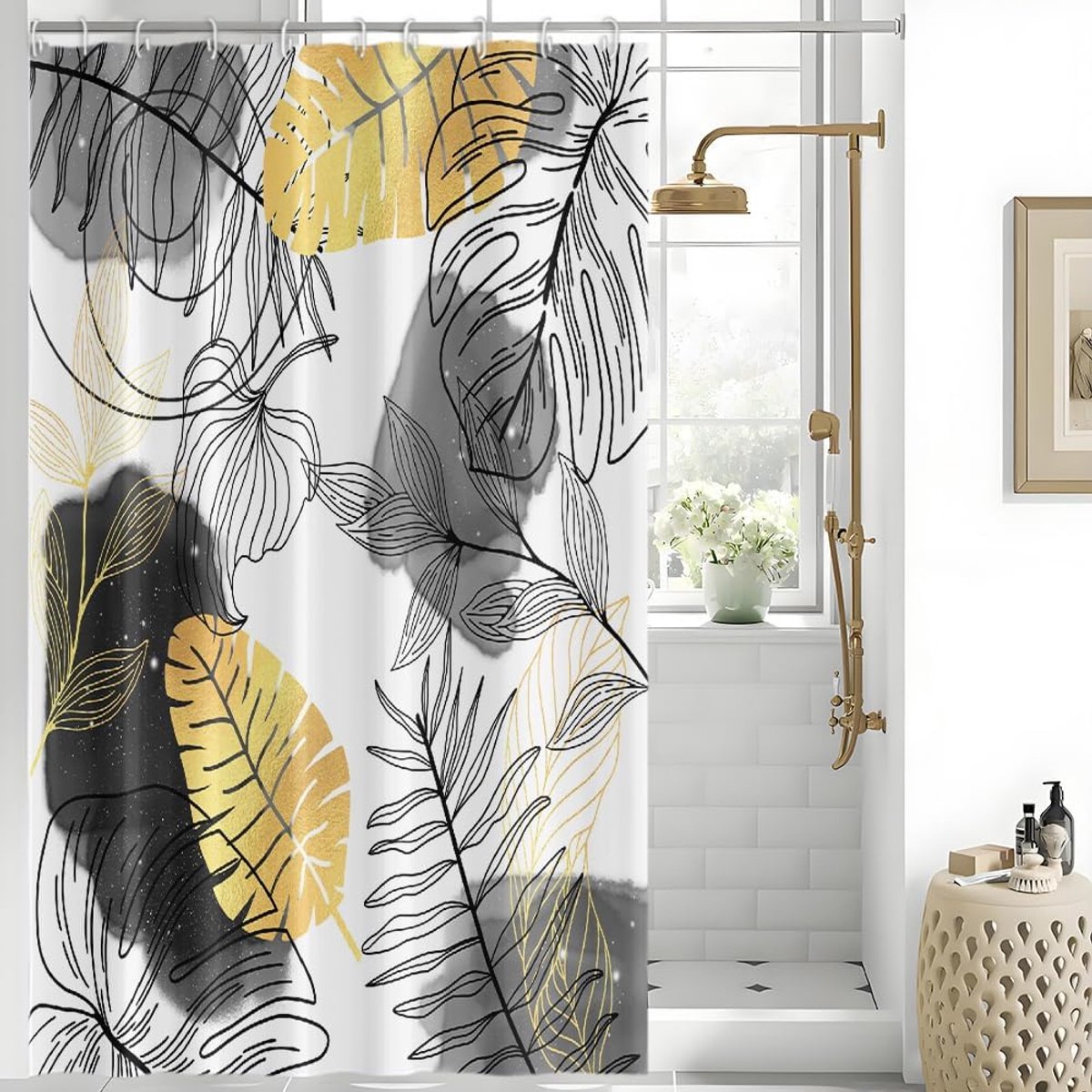 SnelShoppen - Douchegordijn 150 x 200 cm Anti-Mould Grijs Boho Stijl Tropical Abstract Zwart/Goud Palmbladeren Jungle Waterdicht Wasbaar met 10 Haakje