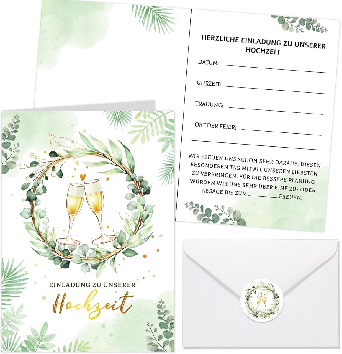 SnelShoppen - 12 Eucalyptus trouwuitnodigingen met envelopstickers - Huwelijkskaarten voor bruiloften, feesten, speciale gelegenheden - Prachtig desig