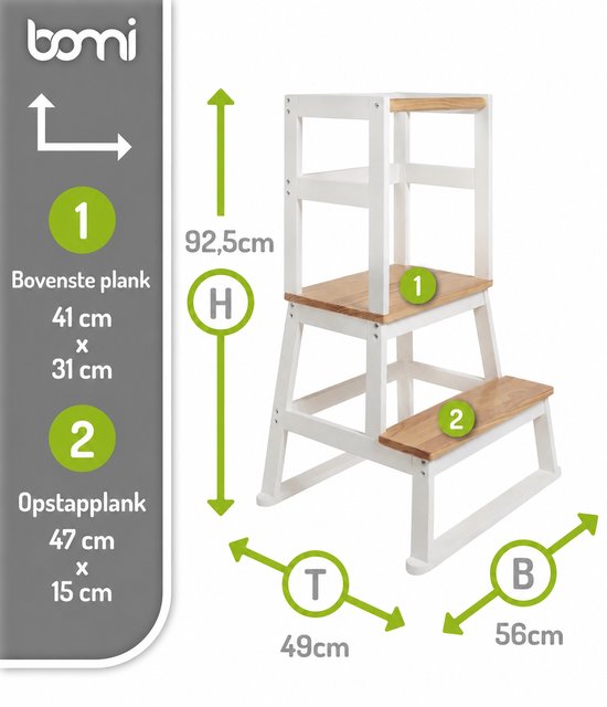 Afmetingen van de witte BOMI leertoren, met de 'bovenste plank' en 'opstapplank' aangegeven.