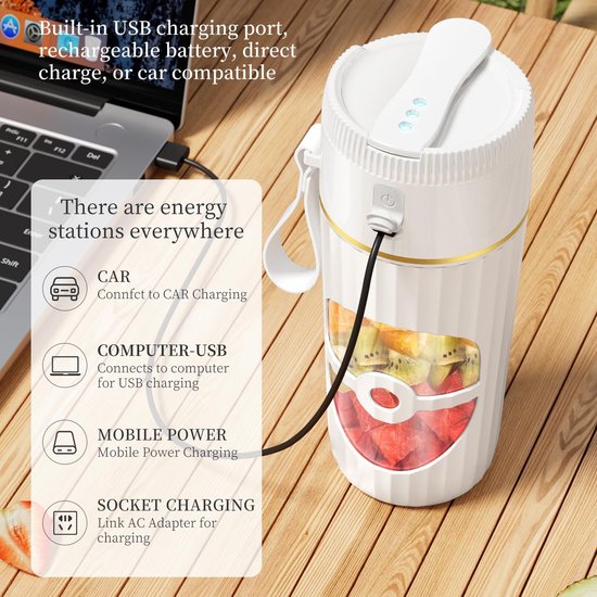 KZQ Glas USB-C draagbare blender - 450ml snoerloze smoothie- en eiwitshake maker - Perfect voor reizen gym en kantoor - Wit van kzq — afbeelding 4