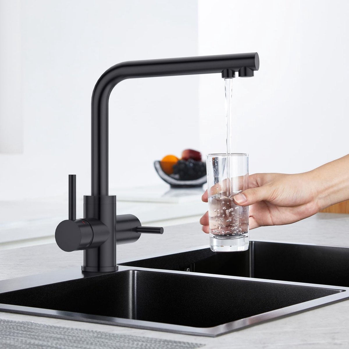 3-Weg Keukenkranen Zwart, 360° Draaibare Keukenarmatuur, 3-in-1 Mengkraan voor Waterfilter