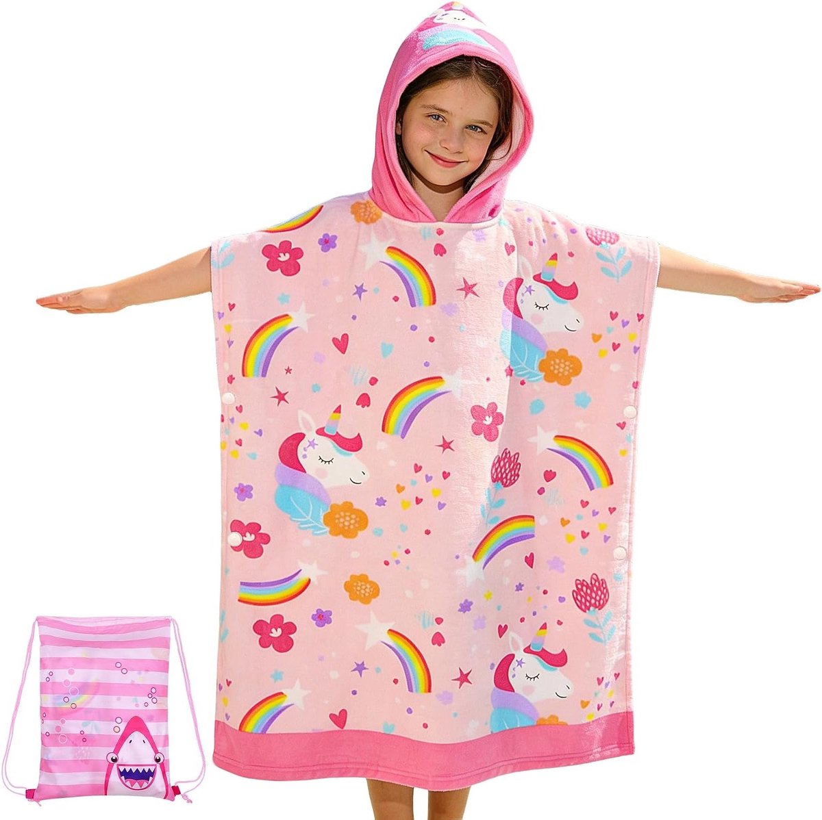 Hooded badponcho voor meisjes van zachte microvezel, absorberend en ideaal voor strand en zwembad, 75x180cm, geschikt voor 6-15 jaar