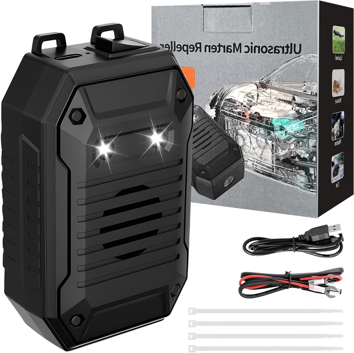 Ultrasone Marterverjager met Flitslicht en USB-aansluiting voor Auto en Motorruimte, Effectieve Marterbescherming voor Huis, Zolder en Garage met Muisafweer