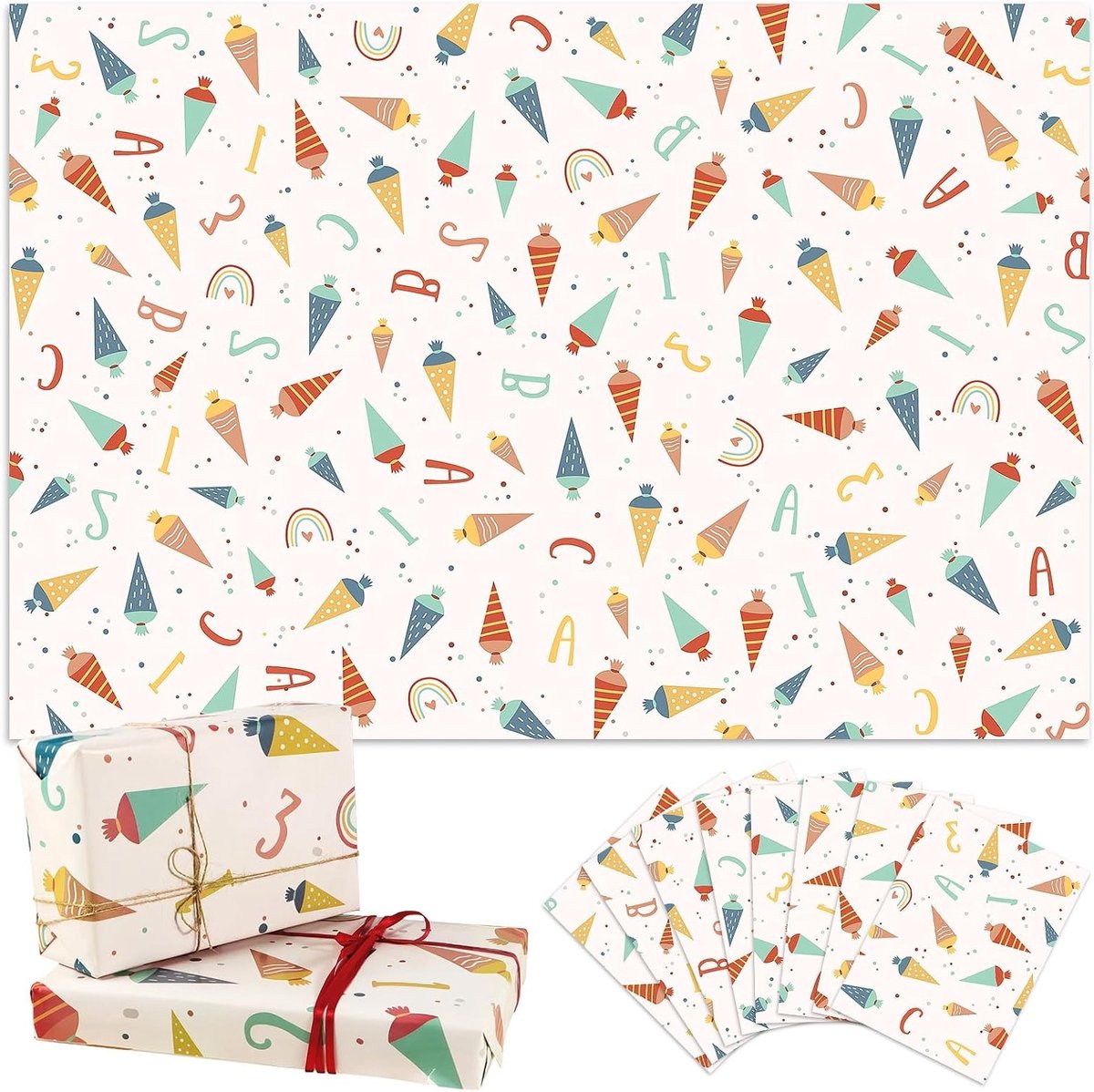 Kleurige cadeaupapier set van 8 vellen voor de eerste schooldag en verjaardagen, ideaal voor kinderen