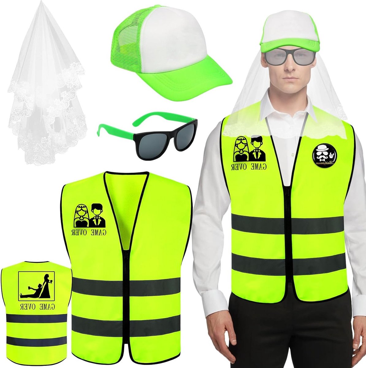 Luxe Heren Vest voor Bachelorette Party, Compleet Kostuum met Hoed, Badge, Zonnebril en Sluiertje, Perfecte Accessoires voor Huwelijksfeest en Vrijgezellenfeest