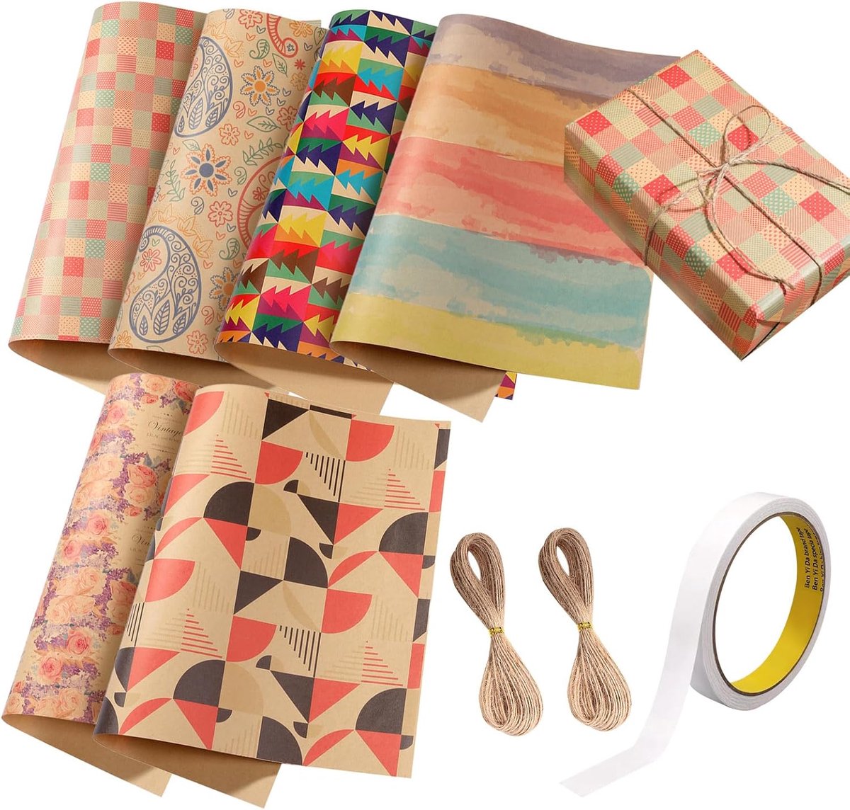 SnelShoppen - 6 Vellen Kraftpapier 100 g/m² voor Cadeauverpakkingen, Verjaardag, Feest, Kerst, Met Henneptouw en Plakband, 50 x 70 cm, Geometrische en