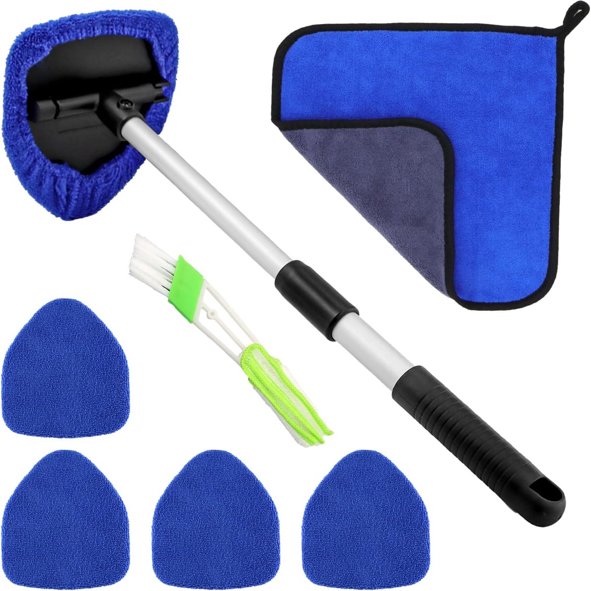SnelShoppen - Windscreen Cleaner - Auto Raamreiniger met 5 Microvezel Pads, Airconditioning Borstel en Handdoek, Uitschuifbaar, 180° Rotatie, Blauw