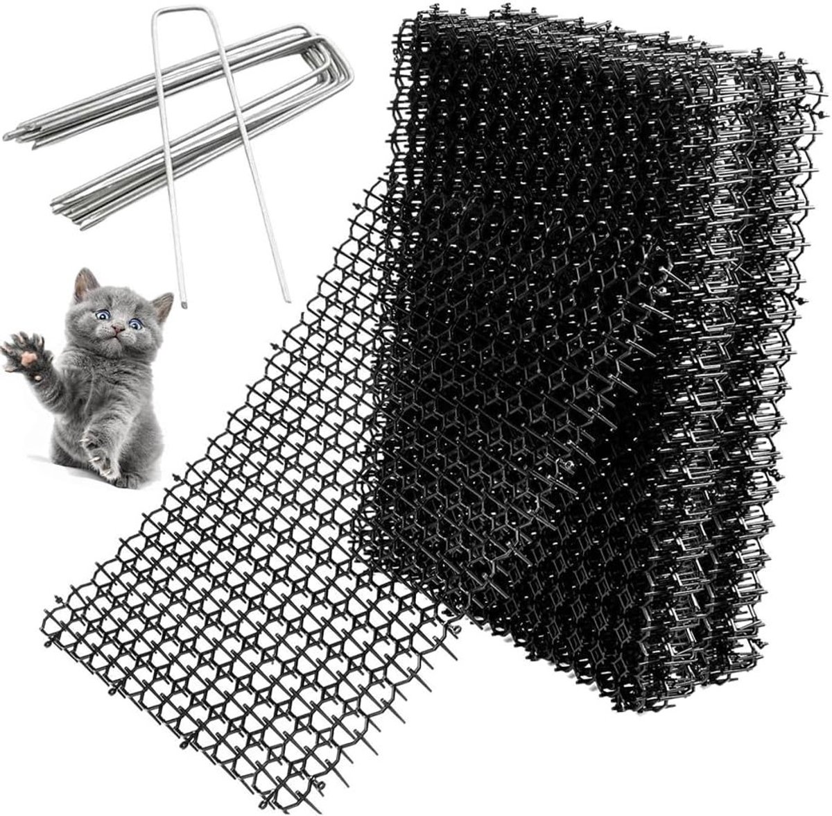 12 Delen Dierenbarrière met Spikes voor Katten - Anti-Kat Gaas 40 x 20 cm met 8 U-vormige Grondankers voor Tuinbeveiliging en Dierenafschrikking