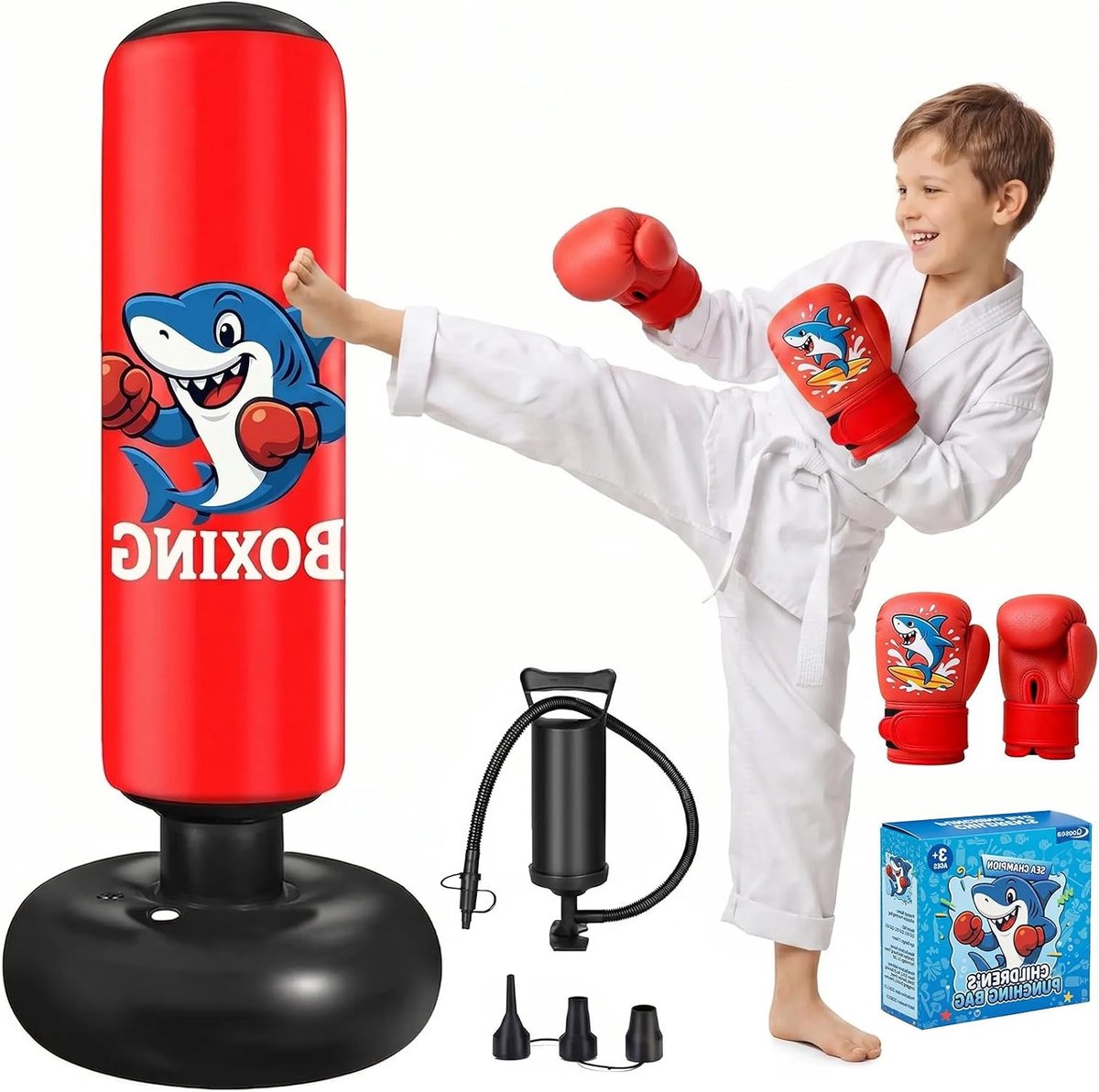 Bokszak voor kinderen van 3-8 jaar, 130 cm, opblaasbare staande bokszak met bokshandschoenen, ideaal voor karate, kickboksen en taekwondo oefeningen