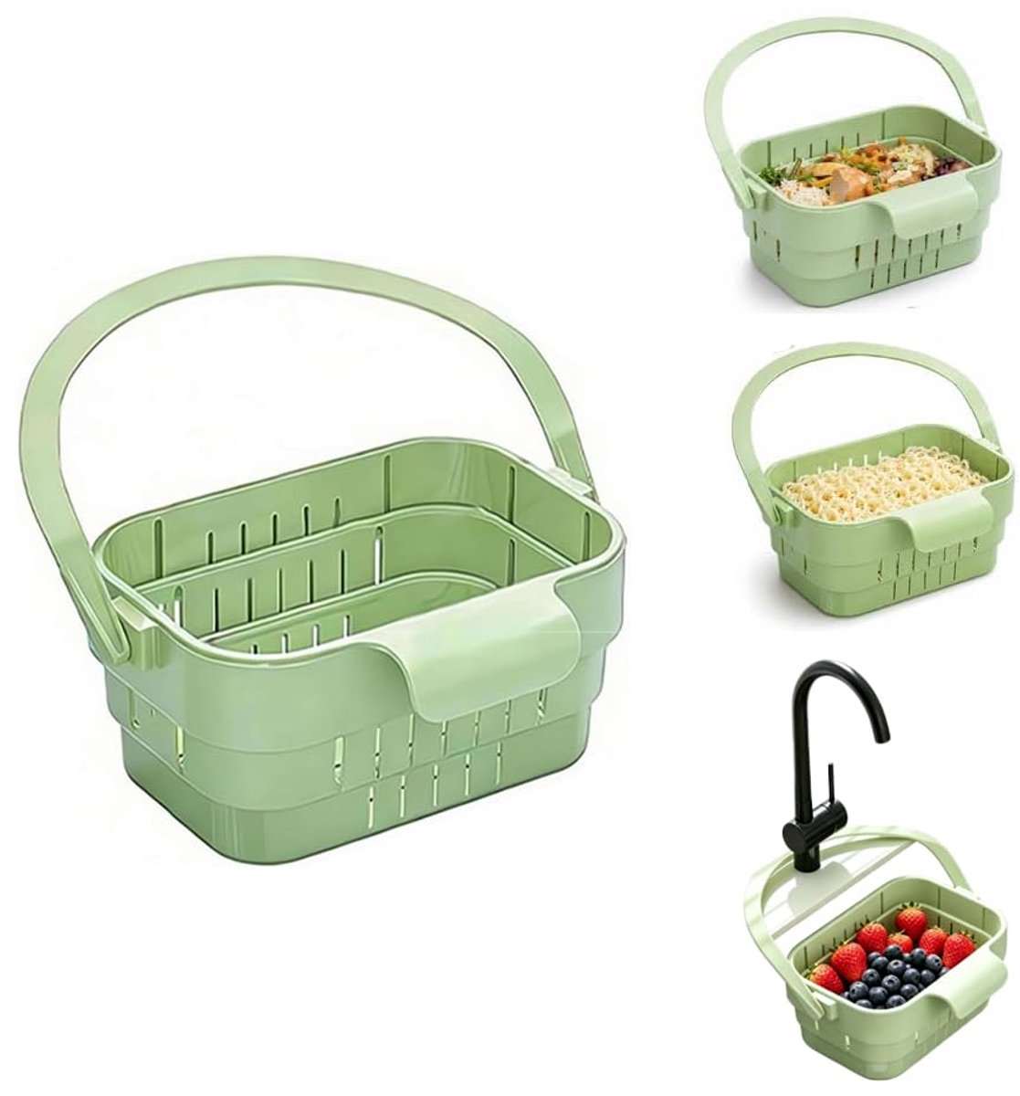 Ryoudavell - Opvouwbare Hangend Afdruipmand voor Gootsteen – Rekbaar keukenvergiet met draaibaar deksel – Multifunctioneel Kraan Gootsteen Organizer - Korfplug voor Keuken – Afgietbak voor fruit, groenten en keukengerei
