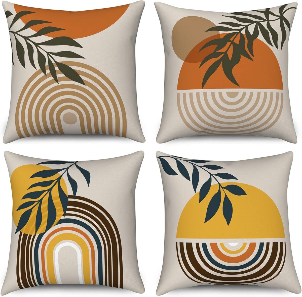 SnelShoppen - Boho Kussenhoezen Set van 4 - 45x45 cm Mid Century Abstract Blad Design - Minimalistisch Linnen voor Bank, Bed, Tuin en Thuisdecoratie -