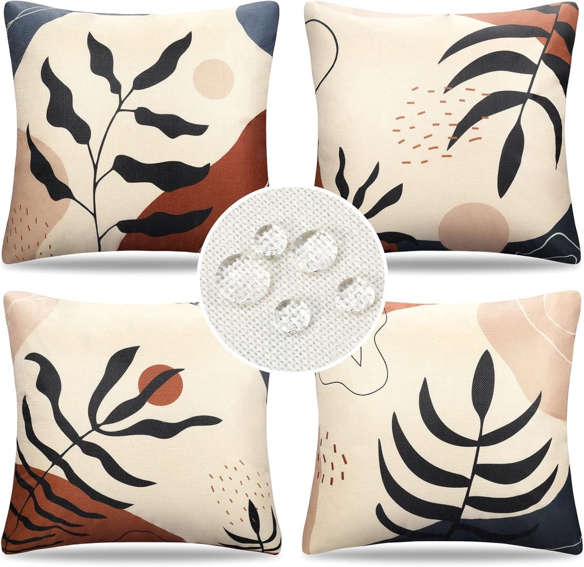 SnelShoppen - Set van 4 Abstract Boho Leaves Kussenhoezen 45 x 45 cm - Waterproof Linnen Decoratieve Kussen Covers voor Sofa, Tuin, Auto, Living Room,