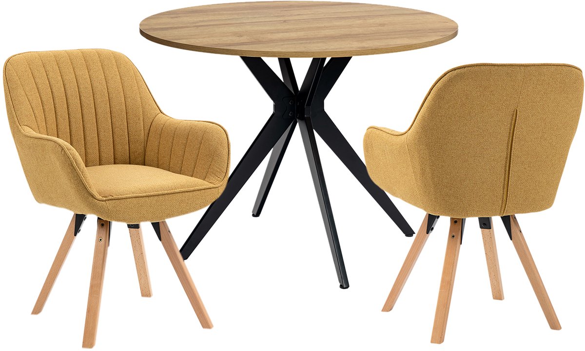 Eethoek - Ronde Eikenlook Tafel En 2 Houten Draaistoelen - Geel