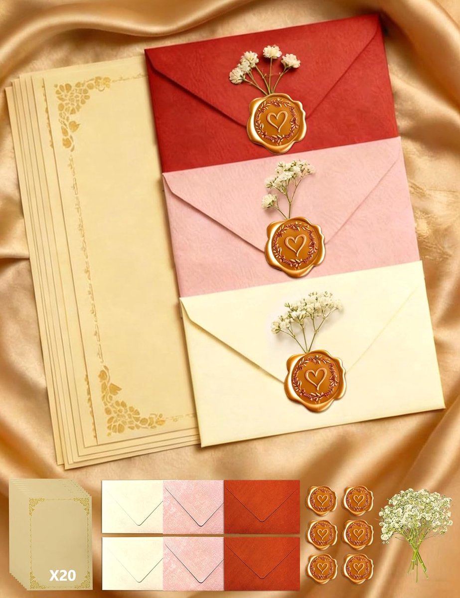 SnelShoppen - Vintage Stationery Set met 40 Stukken - 20 A5 Papier, 6 Enveloppen, Zelfklevende Waxzegels in Roze Goud en 8 Gedroogde Gypsophila - Voor