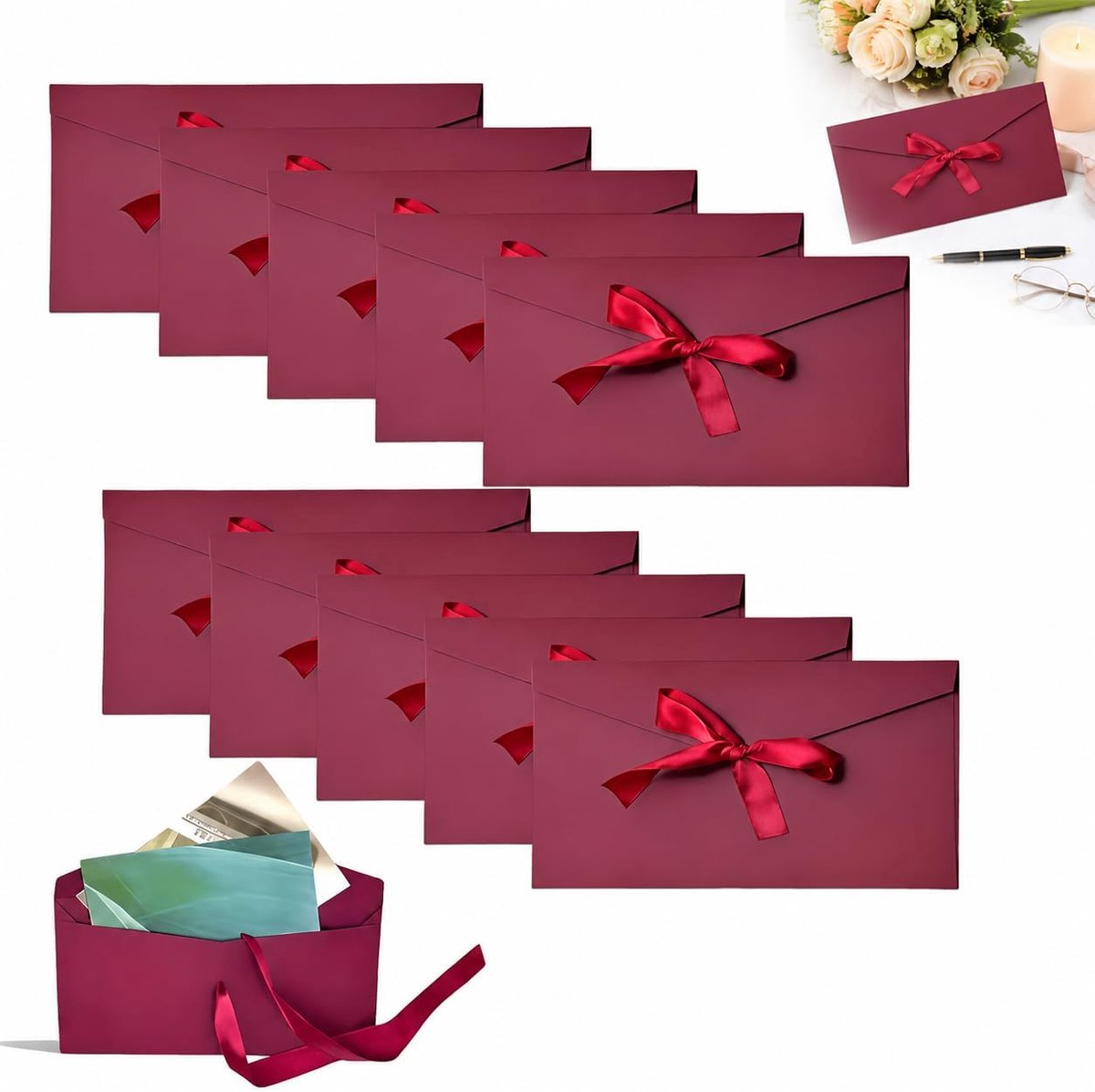 SnelShoppen - Enveloppen Set 10 Stuks Kraftpapier Enveloppen met Rood Lint Sluiting 22x11 cm Retro uitnodiging Envelop voor Bruiloft Verjaardag Feest