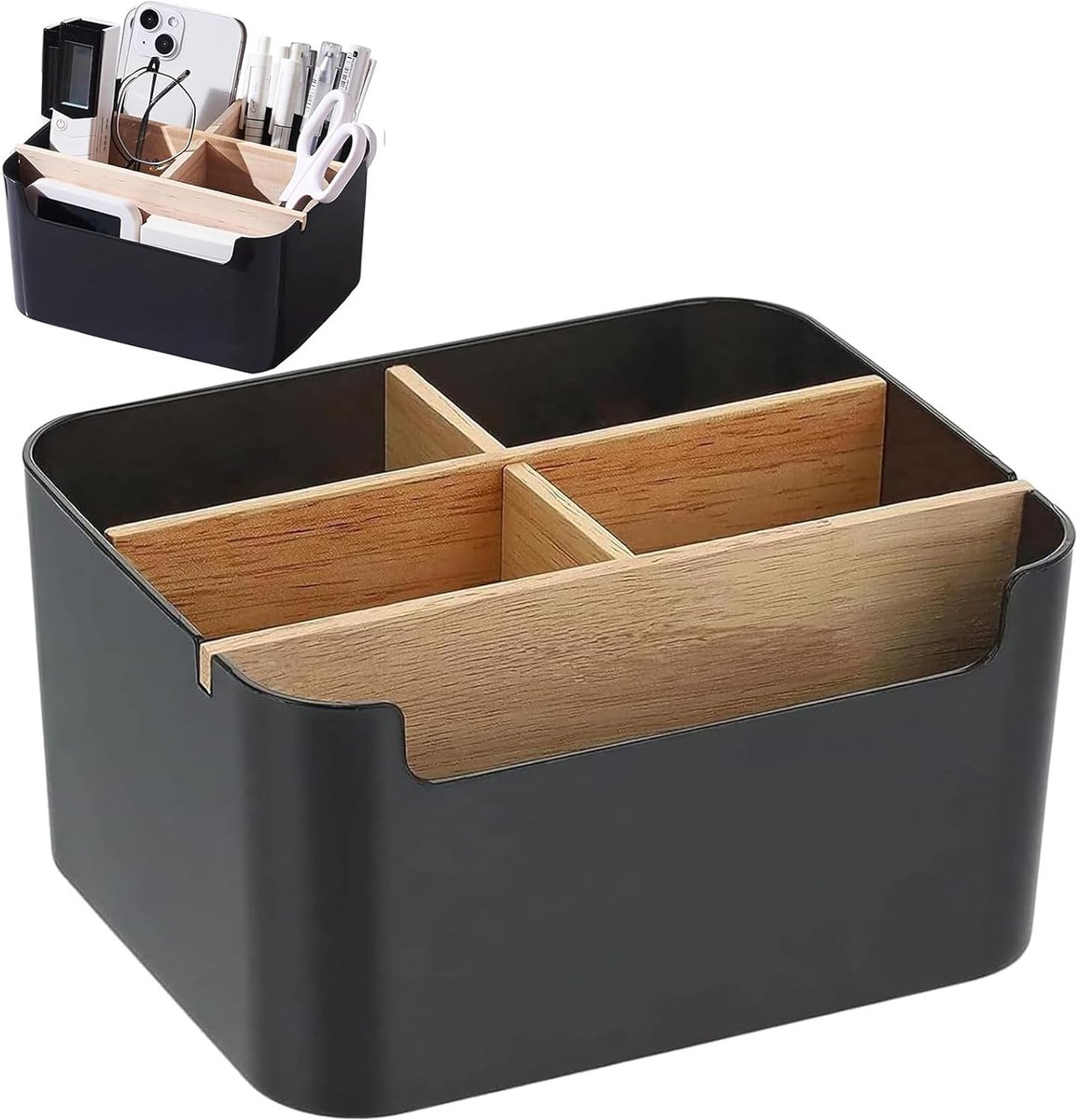 SnelShoppen - Wooden Desk Organiser met 5 Compartimenten, Bamboo Pen Holder, Desk Storage voor Pennen, Cosmetica en Kleine Items, Zwart, Duurzaam en M