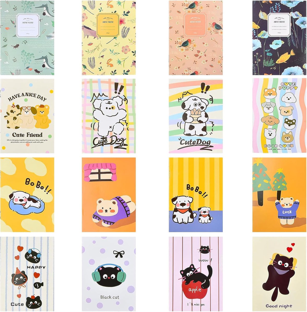 SnelShoppen - 16 Stuks Mini Dagboek Notitieboekjes, 10.5 x 7 cm Kleine Notepads, Pocket Notitieboek met Schattig Cartoon Dieren Ontwerp voor Reizen, A